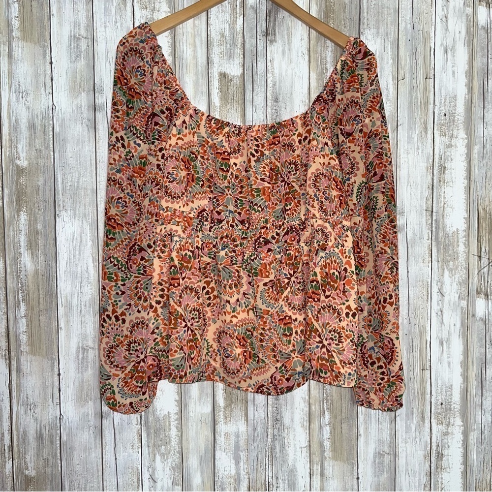 DR2 Floral Smocked Peasant Blouse Boho 3/4 Sleeve Orange Brown Large - Picture 2 of 7